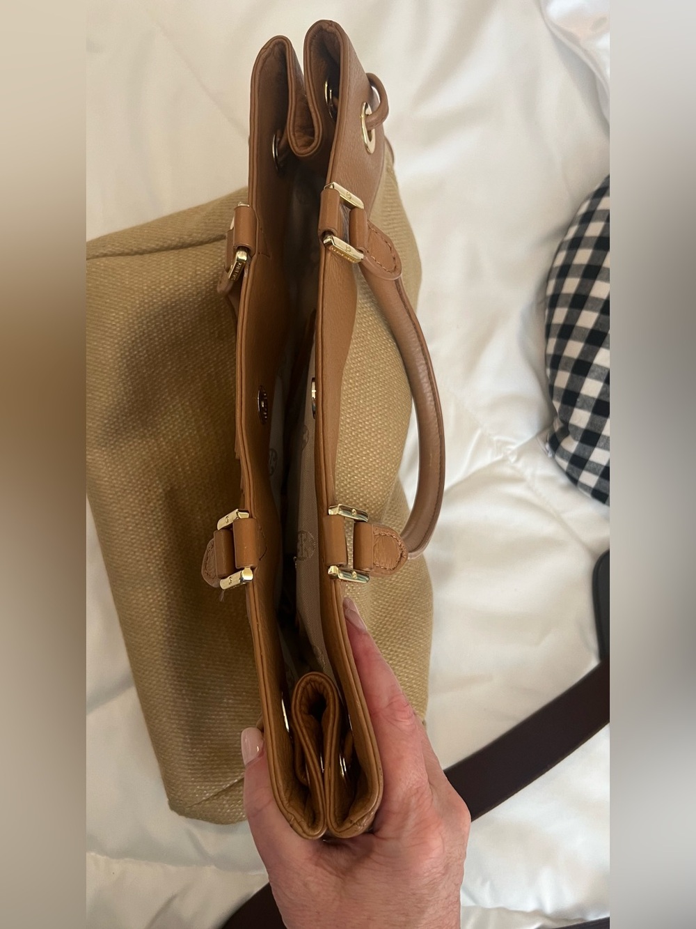 Tory Burch Tan Leather and Beige Canvas Tote . price is firm. - Picture 8 of 12